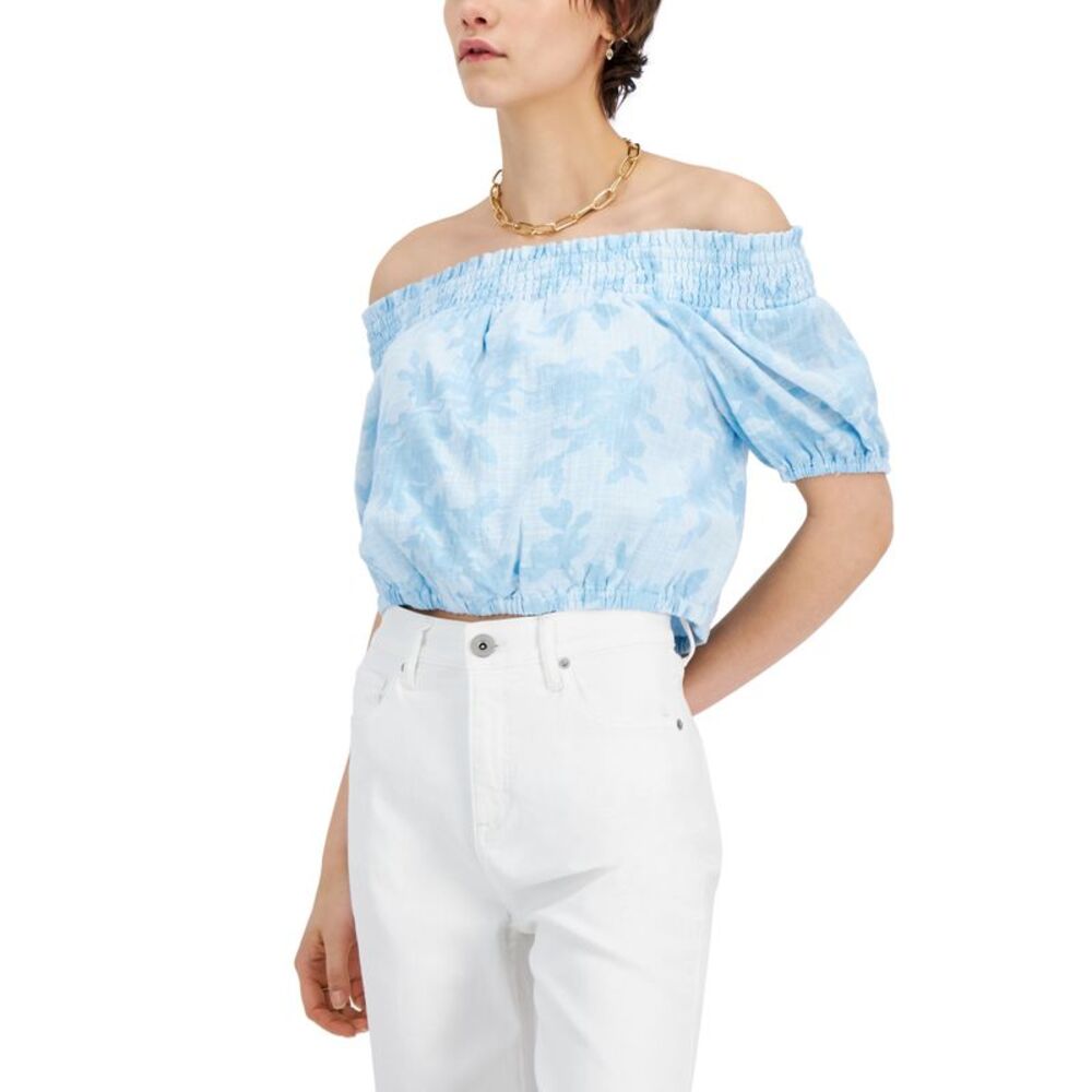 INC International Concepts Womens Smocked Off The Shoulder Crop Top
